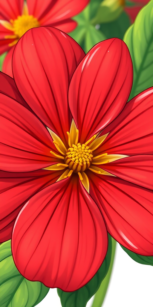 Create a vibrant illustration of a red flower with a yellow center, showcasing detailed petals and green leaves, captured with a DSLR camera at f/4, ISO 200, 50mm lens, in macro view for enhanced details and clarity.