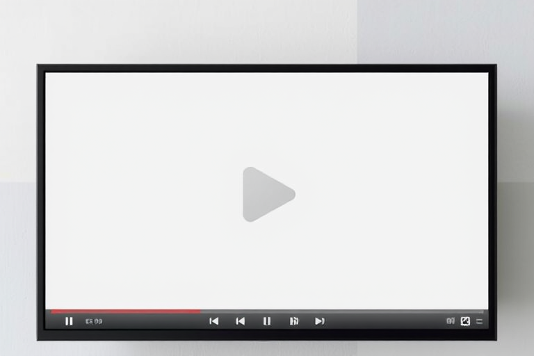 Create a high-resolution image of a minimalist video player interface with a large triangular play button in the center, using a Canon EOS R5 camera, aperture f/5.6, ISO 100, and a 50mm lens, capturing the screen at an angle to showcase the button and controls clearly.