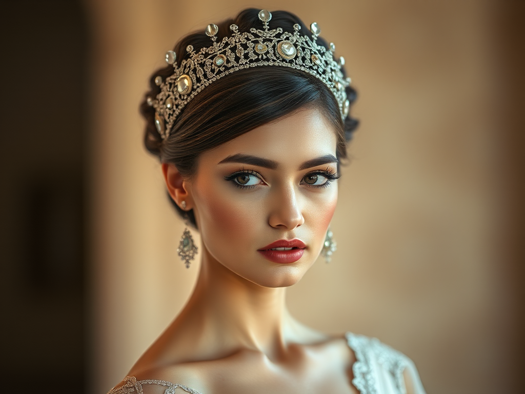 portrait of a model wearing a decorative headpiece and elegant attire, captured with a 85mm lens at f/1.8, ISO 100, in soft natural light, using a Canon DSLR with a shallow depth of field for a smooth blurred background