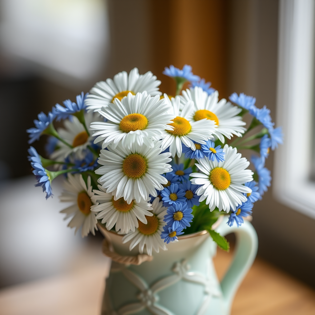 a bouquet of white daisies and blue cornflowers in a vintage ceramic vase, softly blurred background, natural light, focus on flowers, 50mm lens, f/2.8, ISO 100, tripod mounted, macro photography style