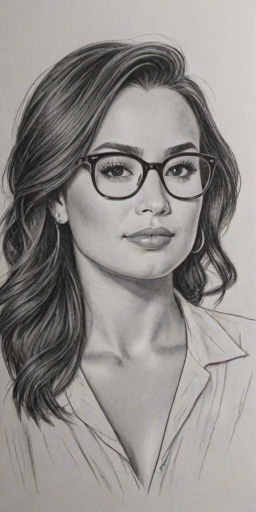 Beauteous Demi Lovato, pencil sketch, portrait of Radiant woman 1954s in glasses, hair style beatnik, outline, clear lines, fine lines, 8k