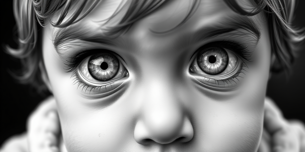 A hyperdetailed photorealistic black and white sketch of a beautiful toddler with deep white eyes, with a macro focus