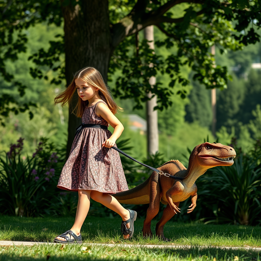 12 year old girl in a dress walking her pet Velociraptor on a leash through a park