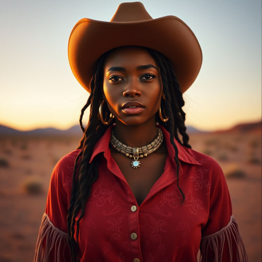 Dramatic photo of a beautiful Fijian woman, classic cowboy attire, confident and free spirit expression, half-length portrait, centered, golden hour desert landscape, warm, diffused light, low angle, medium format film camera, in style of Annie Leibovitz.