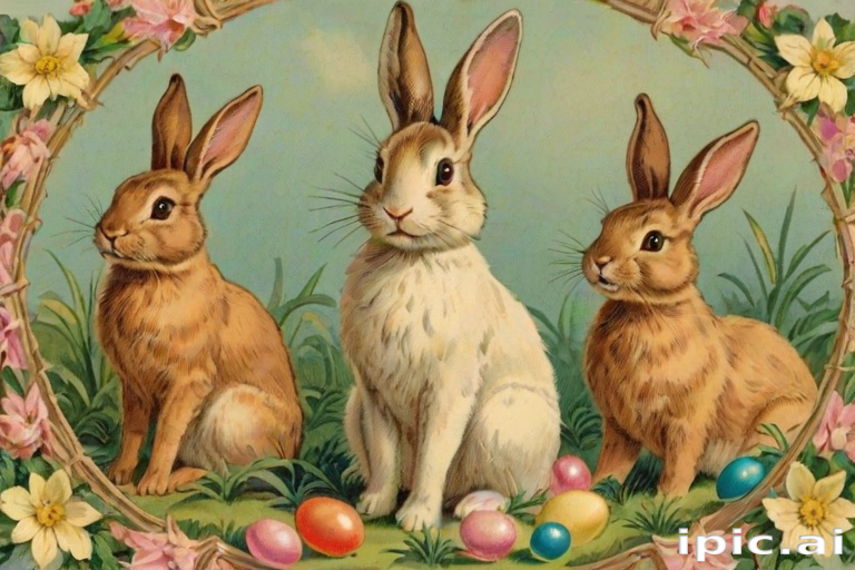 Three Charming Rabbits Surrounded by Colorful Easter Eggs and Flowers