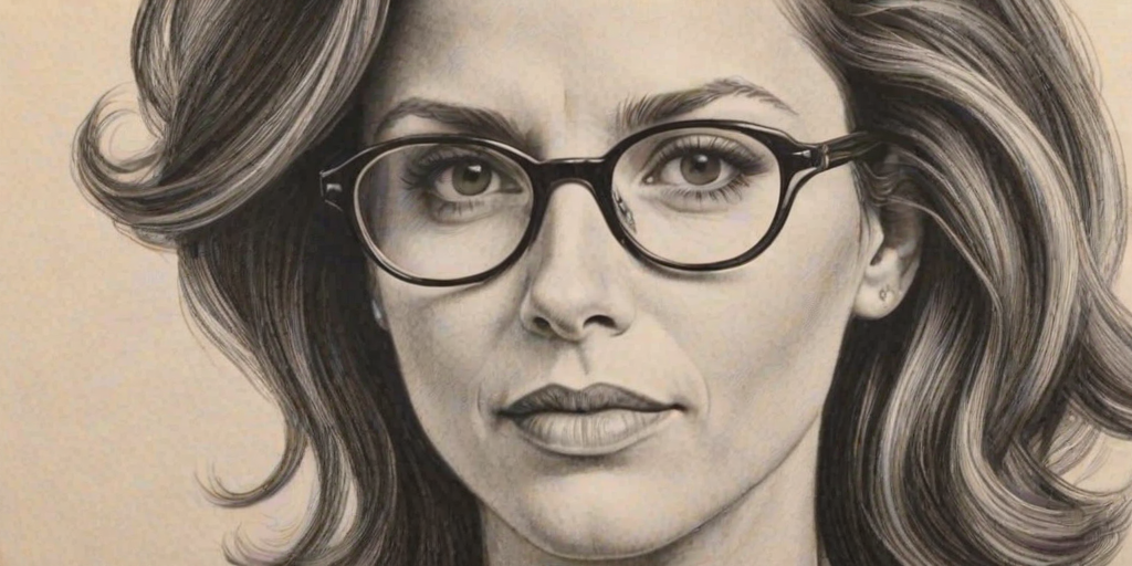 Exquisite Andrea Savage, pencil sketch, portrait of Fascinating woman 1944s in glasses, hair style beatnik, outline, clear lines, fine lines, 8k