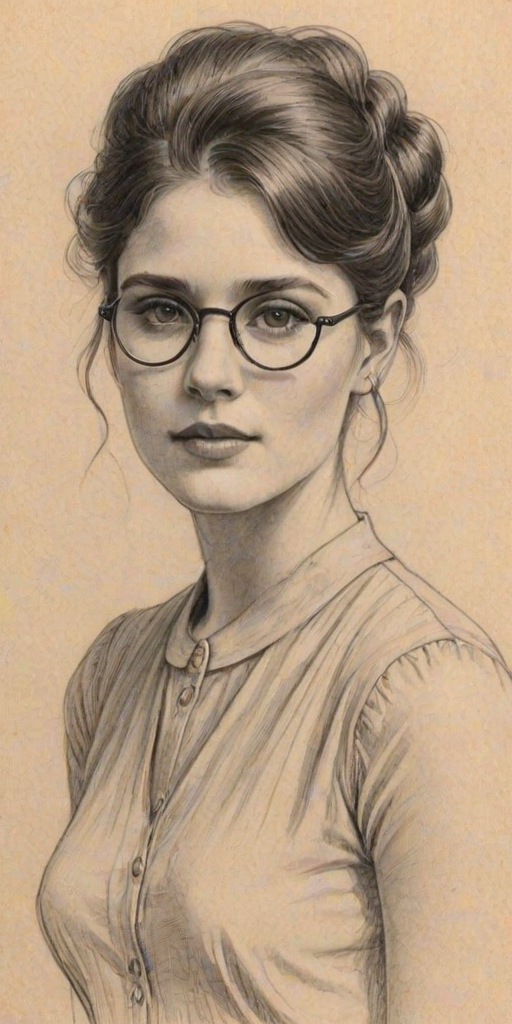 Delightful Hannah Arterton, pencil sketch, portrait of Wonderful woman 1922s in glasses, hair style beatnik, outline, clear lines, fine lines, 8k