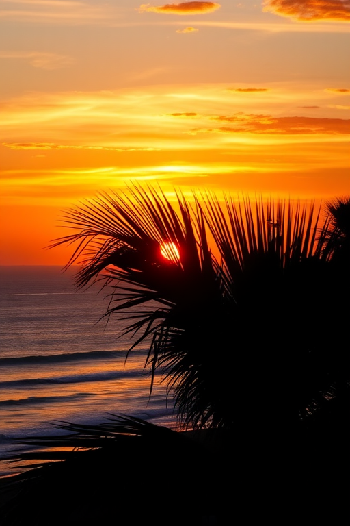 capture a vibrant sunset over the ocean with palm silhouettes in the foreground, using a DSLR camera, ISO 100, aperture f/11, 1/125 sec shutter speed, wide-angle lens, golden hour lighting, and a slight vignette effect