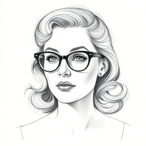 Lovely Carly Chaikin, pencil sketch, portrait of Pleasing woman 1933s in glasses, hair style beatnik, outline, clear lines, fine lines, 8k