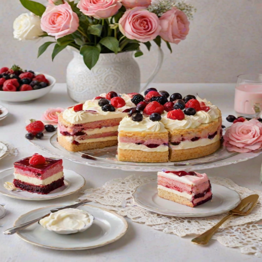 Generate an image of a beautifully arranged dessert platter featuring slices of layered cake. The cake should have a light yellow sponge base with vibrant pink frosting on top, and a layer of dark fruit jam or filling in the middle. Present the cake slices neatly on a white rectangular serving platter, surrounded by small glass jars of milk and decorative elements like a lace doily. The background should be softly blurred to emphasize the cake.