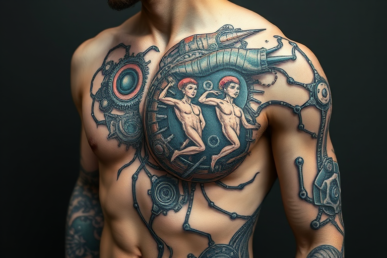 Biomechanical tattoo piece dubbed "Cybernetic Evolution" merging organic forms with mechanical components to create a hyper-realistic design that appears to reveal the inner workings beneath the skin