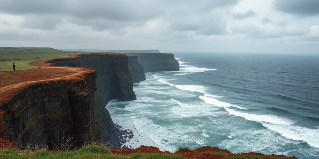 Scenic coastline with dramatic cliffs and crashing waves, a lone figure standing at the edge, taking in the breathtaking view of the ocean under a cloudy sky, creating a sense of adventure.