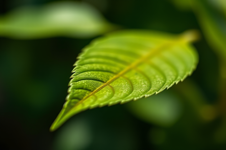 A close-up shot of a single green leaf, showcasing its texture and details, taken with a DSLR camera, 50mm lens, f/2.8 aperture, ISO 100, natural daylight, and a shallow depth of field for a blurred background.