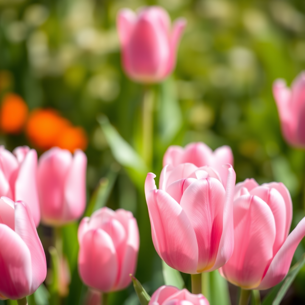 Create a vibrant close-up image of pink tulips in full bloom, using a DSLR camera with a 50mm lens, aperture set to f/2.8 for a shallow depth of field, ISO 100 for minimal noise, and a bright natural light setting to enhance colors and details.