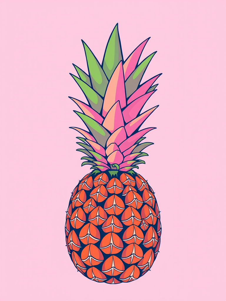 Create a stylized illustration of a pineapple with a light pink grid background, using vibrant colors and clean lines, captured with a DSLR camera at 50mm, aperture f/2.8 for depth of field, ISO 100 for clarity, and a soft natural light to enhance the colors.