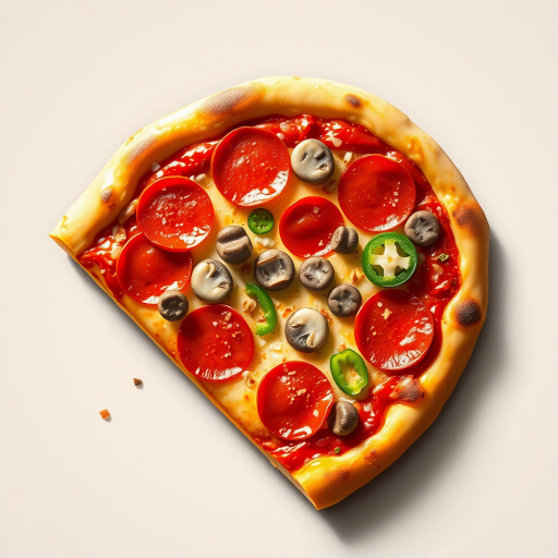 Create a high-resolution illustration of a slice of pizza topped with pepperoni, mushrooms, and green peppers, using a DSLR camera with a 50mm lens at f/4 for shallow depth of field, shot from a top-down angle with soft, natural lighting to enhance colors and textures.
