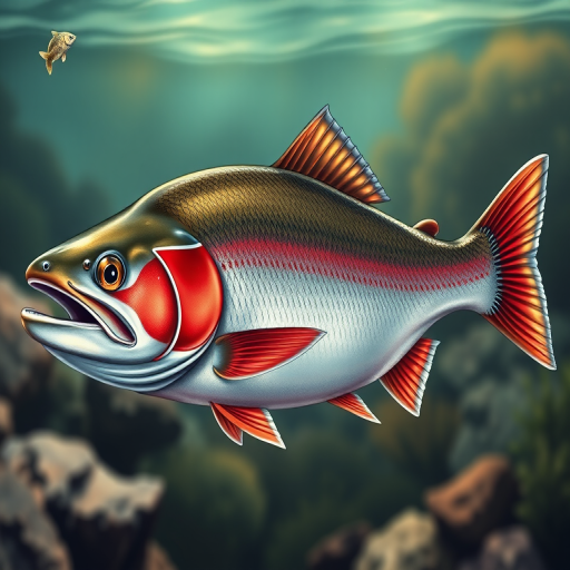 Create a detailed illustration of a salmon fish in a natural habitat, using a DSLR camera at ISO 100, aperture f/8, shutter speed 1/250s, shot from a lateral view to accentuate the fish's body and patterns, focusing on vibrant colors and textures in high resolution.