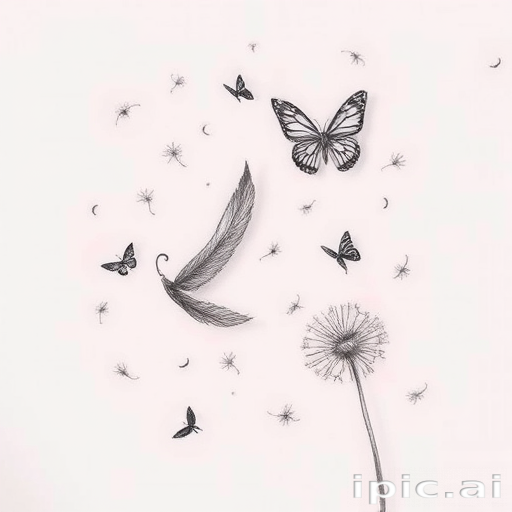 Sketch-style tattoo named "Ephemeral Dreams" featuring delicate pencil-like strokes creating a whimsical scene of floating feathers butterflies and dandelion seeds with subtle shading and crosshatching techniques