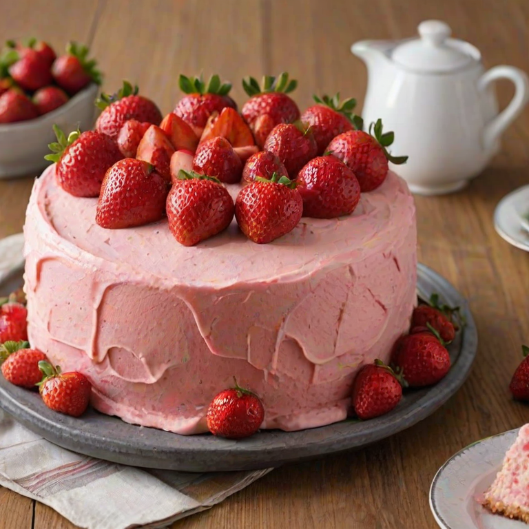 Create an image of a round cake covered in a smooth pink frosting, topped with fresh strawberries. The cake should be placed on a wooden serving board, with a few additional strawberries scattered around. The background should be soft and inviting, enhancing the cake's vibrant colors.