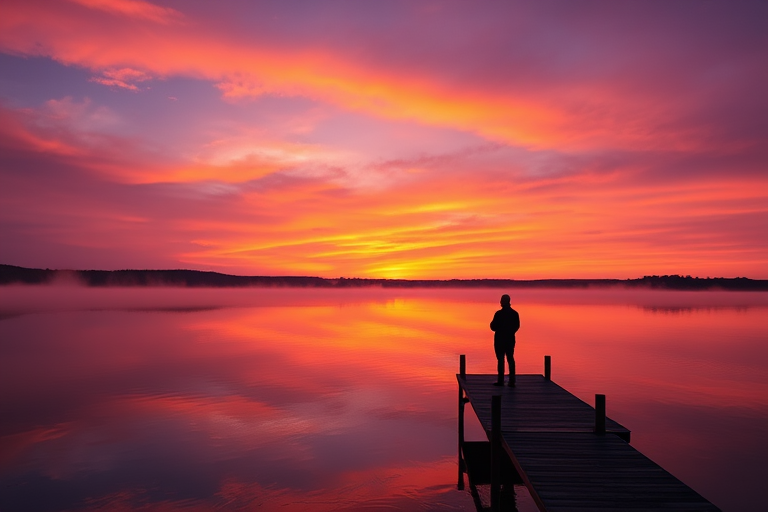 sunset over a calm lake with a silhouette of a person standing on a wooden dock, vibrant orange and purple sky, soft mist rising from the water, taken with a Canon EOS 5D Mark IV, 24mm lens, f/8, ISO 100, 1/125 sec, natural lighting, landscape orientation
