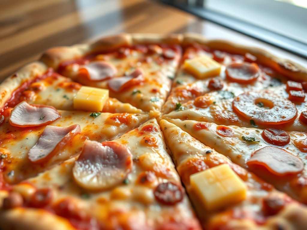 create a digital illustration of a pizza with slices removed, showing toppings like ham and pineapple, using a DSLR camera type, wide-angle lens at f/8 for depth of field, high-resolution setting for sharpness, and a bright, natural light environment to enhance colors and textures