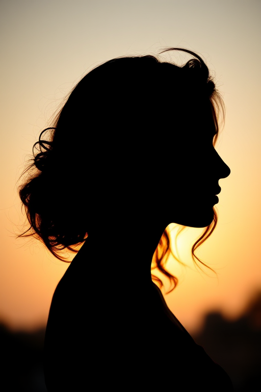 Create a high-resolution silhouette of a woman in profile with soft curves and intricate details in her hair, using a DSLR camera with a 50mm lens at f/1.8, 1/200 sec shutter speed, ISO 100, natural backlighting for a smooth silhouette effect.