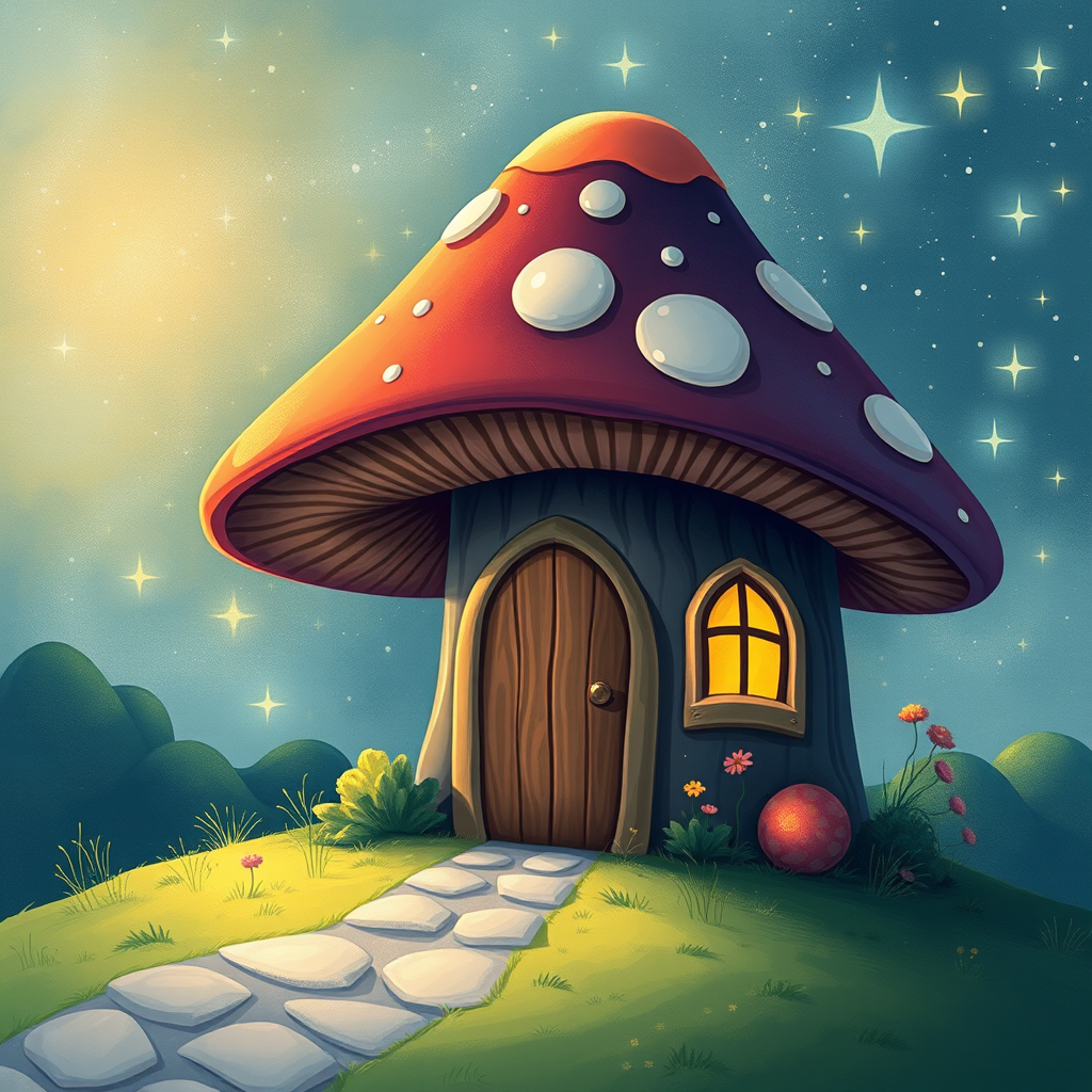 this image is illustration of a mushroom house with a door and a window, a storybook , fantasy art, mushroom house, bg starry sky, sparkles