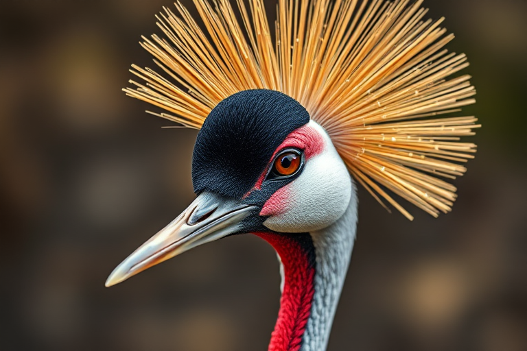 Capture a close-up portrait of a colorful crane with a dramatic golden feather crown using a Canon EOS R5, 85mm lens, f/1.8 aperture, ISO 100, with soft natural lighting and a shallow depth of field for a blurred background effect.