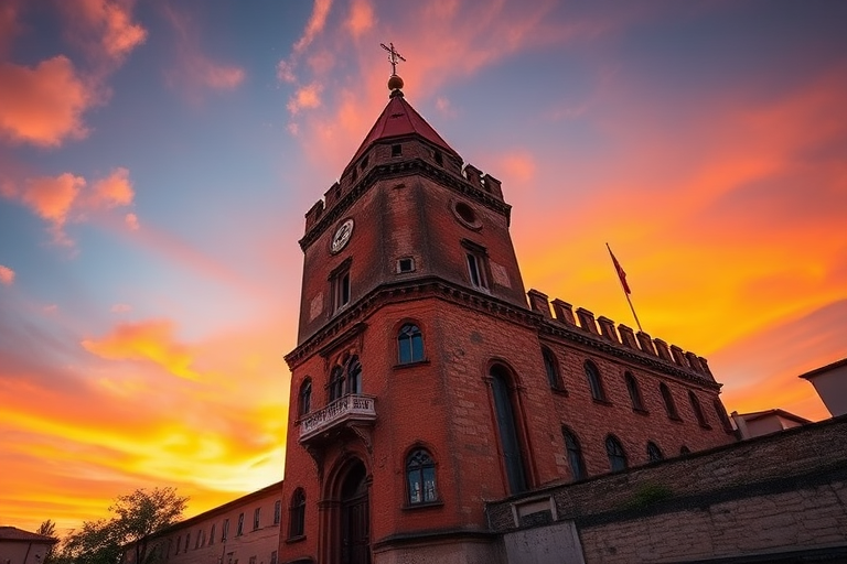 Create an image of a historic tower in a vibrant sunset, captured with a DSLR camera at f/8 aperture, 1/125 sec shutter speed, ISO 200, 24mm focal length, wide-angle view, and vivid color saturation.