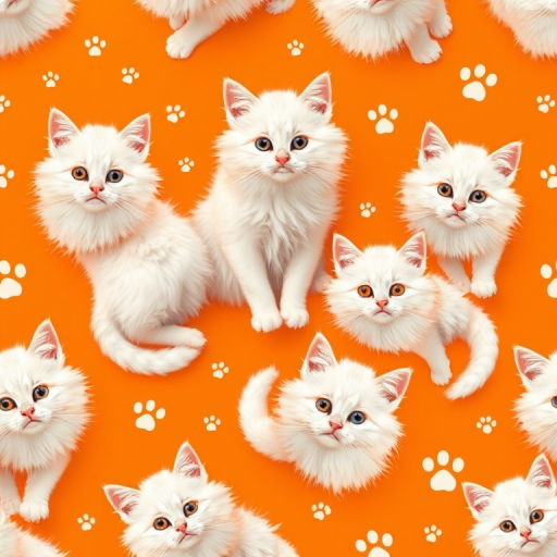 Create a pattern design of fluffy white cats on an orange background with paw prints, using a DSLR camera, 50mm lens, f/4 aperture, ISO 200, focus on vibrant colors and sharp details.