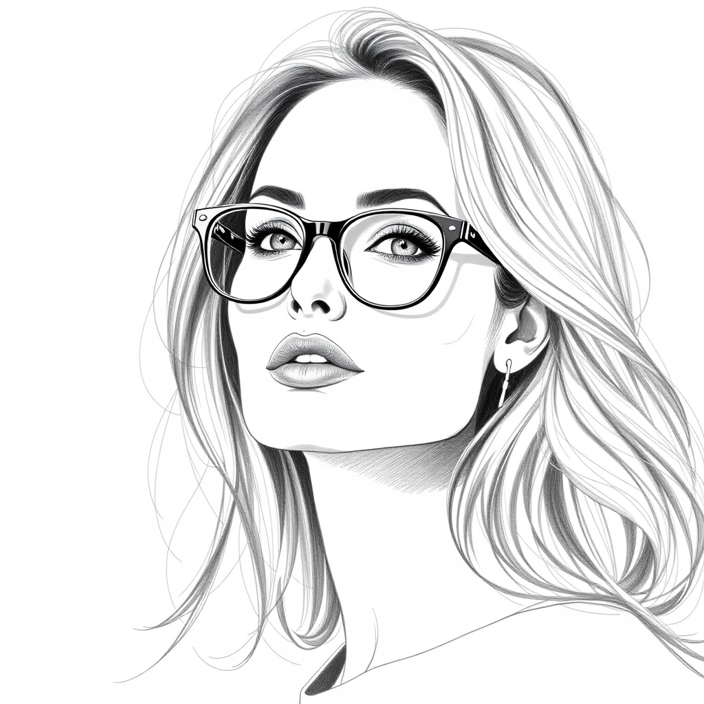 Beautiful Angelina Jolie, pencil sketch, portrait of beautiful woman 60s in glasses, hair style beatnik, outline, clear lines, fine lines, 8k