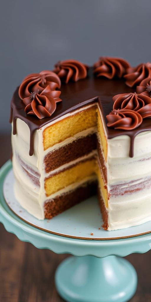 A beautifully decorated layer cake with swirls of chocolate icing on top, showcasing multiple layers of yellow and chocolate cake, placed on a light blue cake stand with a slice cut out revealing the layers inside.