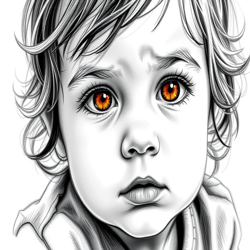 A hyperdetailed photorealistic black and white sketch of a beautiful toddler with deep orange eyes, with a macro focus