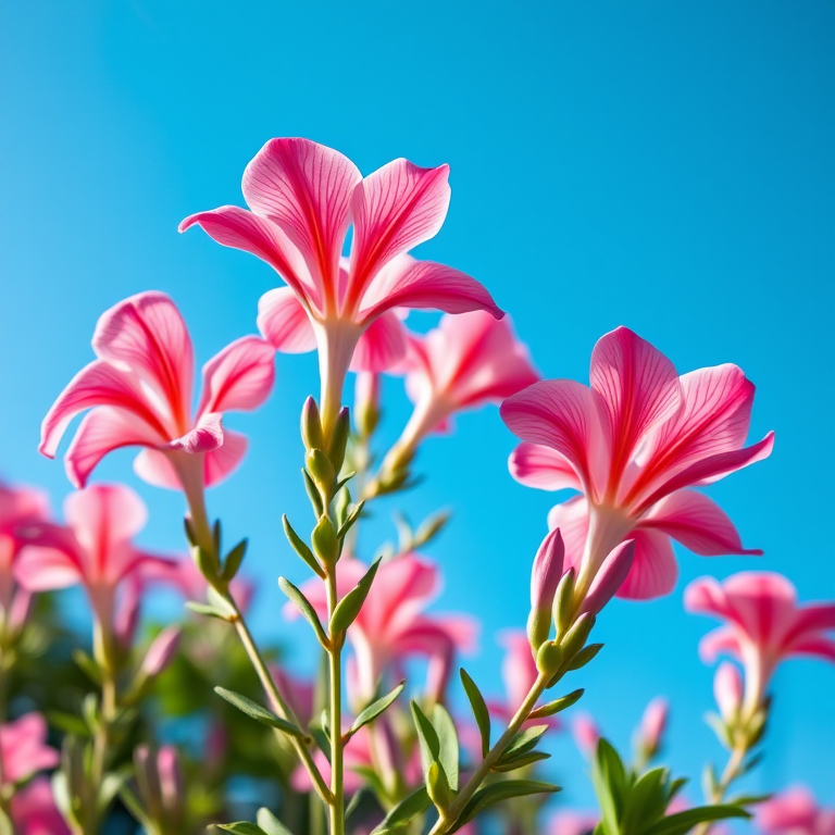 Close-up of pink trumpet flowers with a clear blue sky background, shot with a Canon EOS 5D Mark IV, 50mm lens, f/2.8 aperture, ISO 100, shot in natural light from a low angle for enhanced detail and depth.