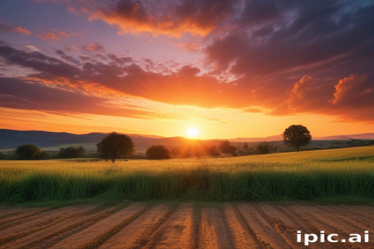 Golden Sunset Over Lush Green Fields with Majestic Mountains in Background