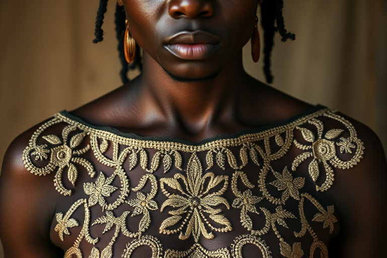 Face, shoulders, chest covered in openwork Creole embroidery. Raw, unedited image.