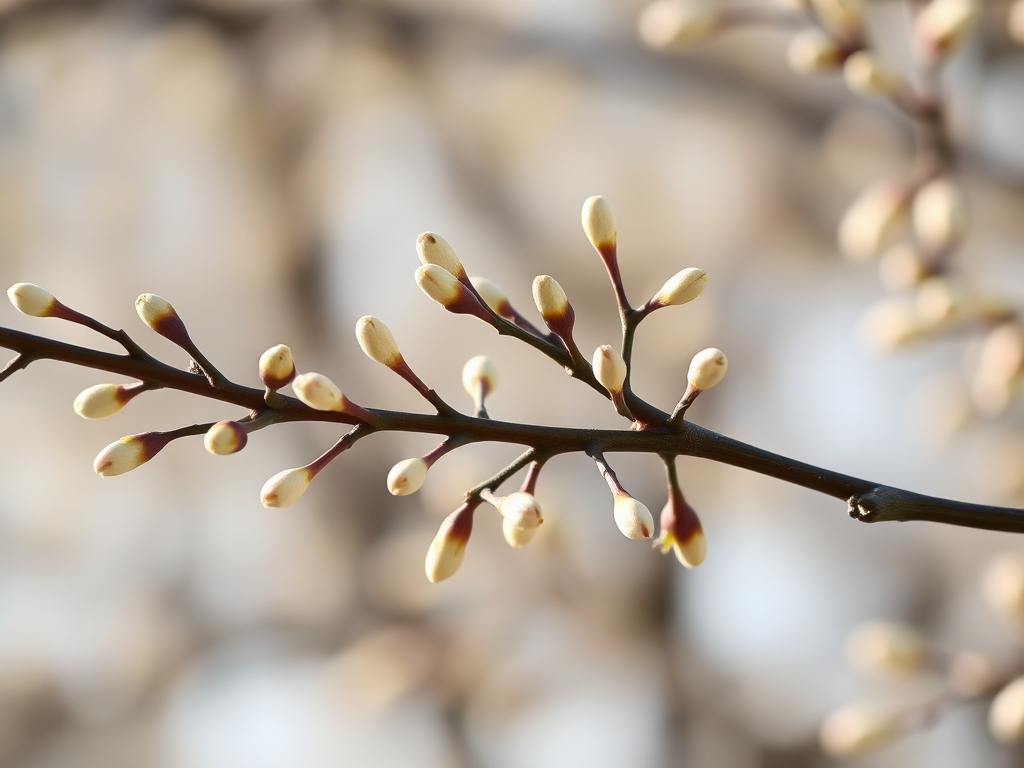 Create a high-resolution illustration of willow branches with delicate buds, soft natural lighting, focal length 50mm, aperture f/2.8, ISO 100, captured with a DSLR camera from a slightly elevated angle, using a macro lens for enhanced detail.