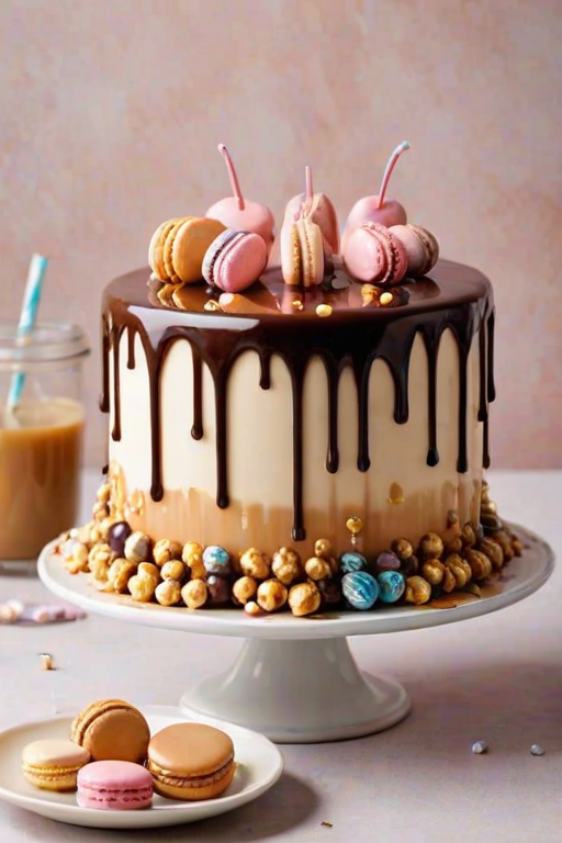 Create an image of a beautifully decorated cake featuring a glossy caramel glaze dripping down the sides. The top should be adorned with an assortment of treats, including macarons, chocolate pieces, and caramel popcorn. The background should have a soft, neutral tone to highlight the cake's vibrant colors.