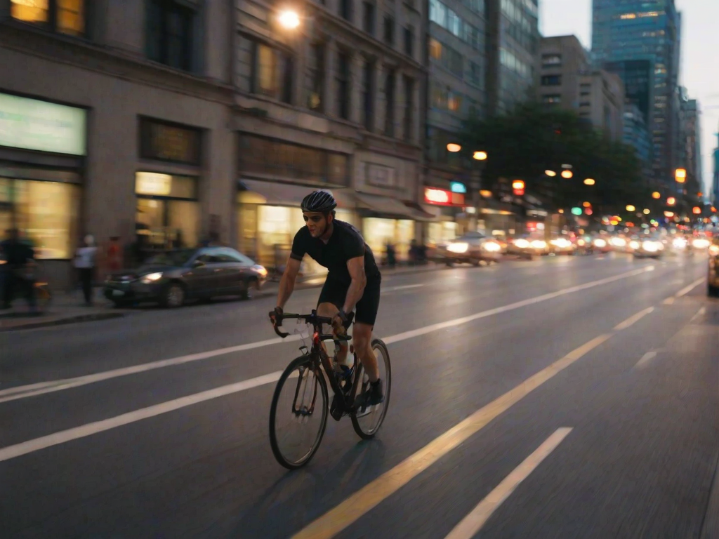 Blurry, fast-motion shot of a cyclist riding through a busy city street at dusk, headlights of cars and streetlights forming glowing streaks in the background, tall buildings casting long shadows, and the rush of evening traffic filling the air.