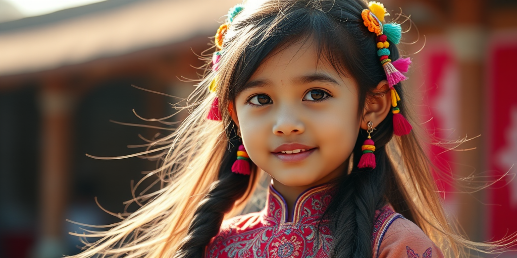 create a vibrant portrait of a young girl with long, flowing hair adorned with colorful accessories wearing a traditional outfit, captured in soft natural light using a Canon EOS R5 with an 85mm f/1.2 lens at f/2.8, shot from a slightly low angle for a dramatic effect, with a dreamy bokeh background emphasizing pastel colors and intricate details.