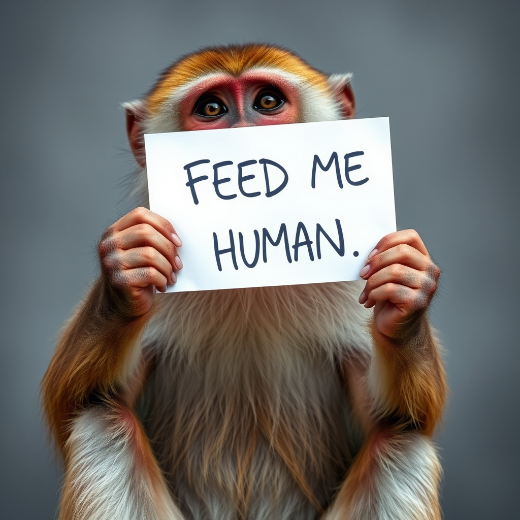 monkey holding a note which says "FEED ME HUMAN"