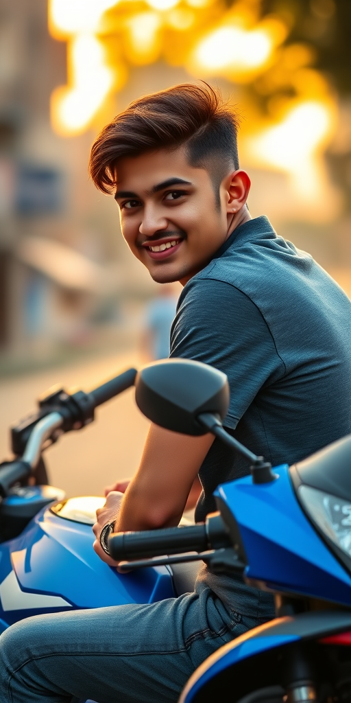 Portrait of a young man sitting on a blue motorcycle, slightly turned with a smile, urban background, golden hour lighting, aperture f/1.8, shutter speed 1/200s, ISO 200, 50mm lens, shallow depth of field, soft bokeh.