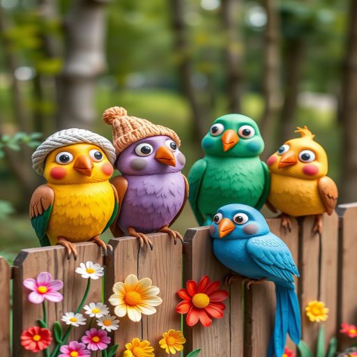 create a scene of 4 quirky  whimsical colourful comical birds each with a funny expression. they are sat on a wooden fence with colourful flowers. they are all different sizes. each one is a different colour  one is wearing a woolly hat. Each one has a different quirky google expression and there is a muted background of trees watercolour paintierly style high definition 8k resolution 3D paper mache