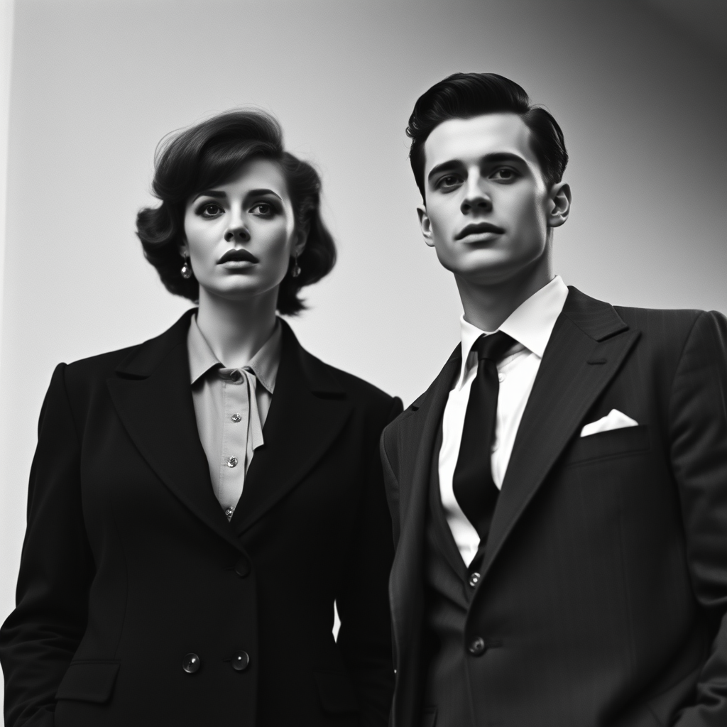 Black-and-white photograph, couple, tailored suits, retro hairstyles, film noir style, Tilt the camera for a dynamic Dutch angle using a versatile 24-70mm lens