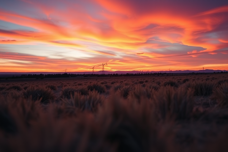 Generate a high-resolution image of a serene landscape at sunset with vibrant colors, using a Canon EOS R5 with a 24mm f/1.4 lens, aperture set to f/8, ISO 100, and exposure time of 1/125 seconds, captured from a low angle view to enhance depth.
