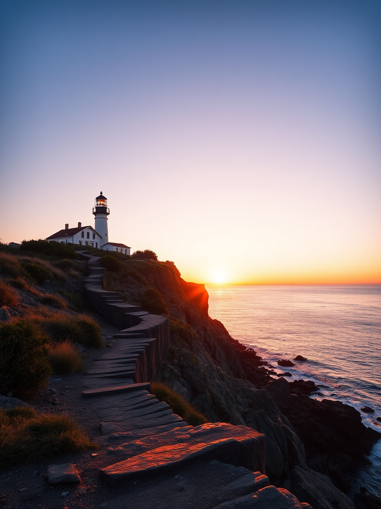 Generate a coastal sunset scene featuring a lighthouse on a rocky cliff with a winding path leading to it, using a DSLR camera with a 24mm lens, f/8 aperture, ISO 100, and a golden hour perspective for enhanced lighting and detail.