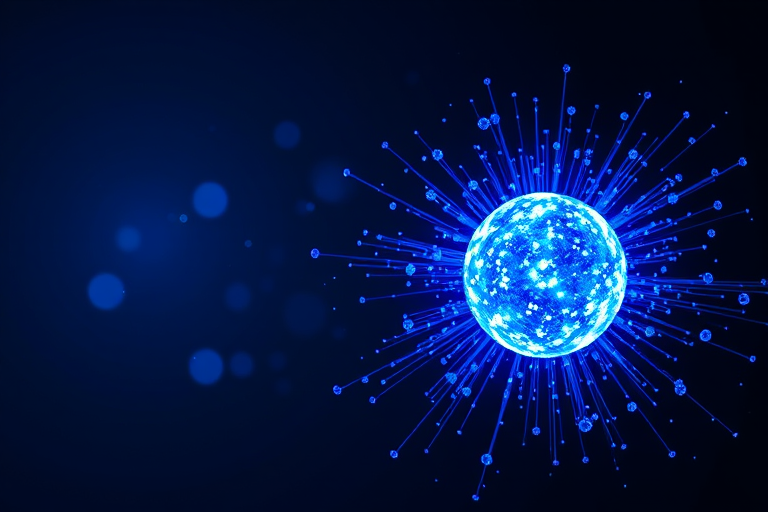 Create an abstract digital art image of two large blue spheres of light with dynamic particles radiating outward, shot with a Canon EOS R5, aperture f/2.8, ISO 100, 1/60 sec exposure, in a dark setting with a focused lens effect for enhanced clarity.