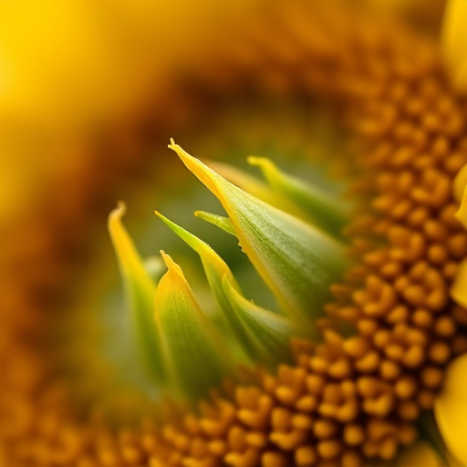 macro shot of a sunflower bud with close-up details, shallow depth of field, soft bokeh background, ISO 100, f/2.8, 1/200s, 100mm macro lens, natural light