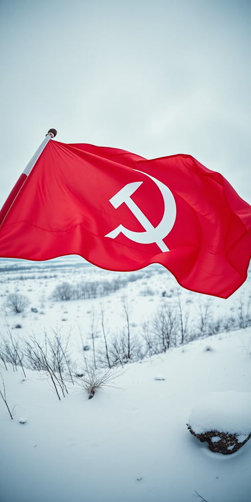 regenerate an image of a red flag with the hammer and sickle emblem waving in a snowy landscape, captured with a DSLR camera at f/8, ISO 100, 1/250s exposure, wide-angle lens, vibrant colors, high contrast, clear details, with a panoramic view to showcase the surroundings