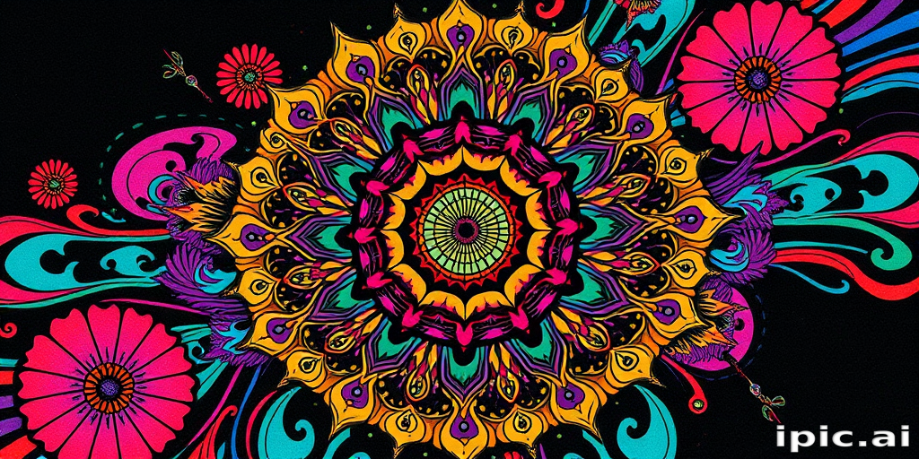 Psychedelic tattoo inspired by 1960s artwork, kaleidoscopic patterns and vibrant neon colors, optical illusions and trippy visual effects, mind-bending and mesmerizing design